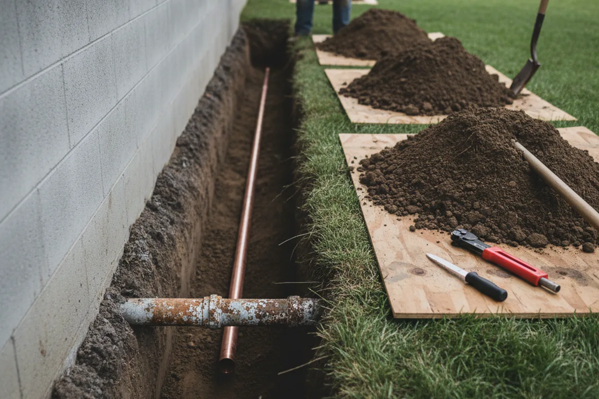 Excavated water line trench during Water Softener Installation in Shiloh
